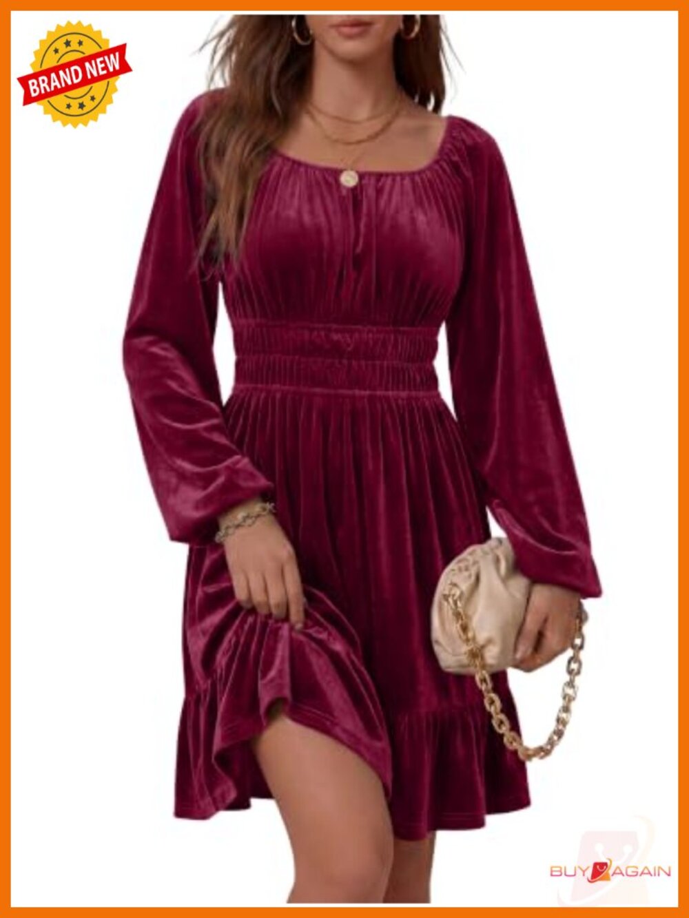 Long Lantern Sleeve Square Neck Velvet Mini Dress A-Line Ruffle Hem
